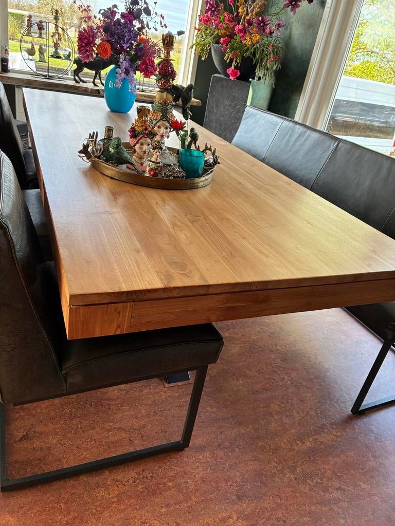 Teak tafelblad 2.40 x 1 meter, Huis en Inrichting, Tafels | Eettafels, Gebruikt, 100 tot 150 cm, Teakhout, 200 cm of meer