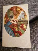 Art Deco Ansichtkaart dame met witte hond, Ophalen