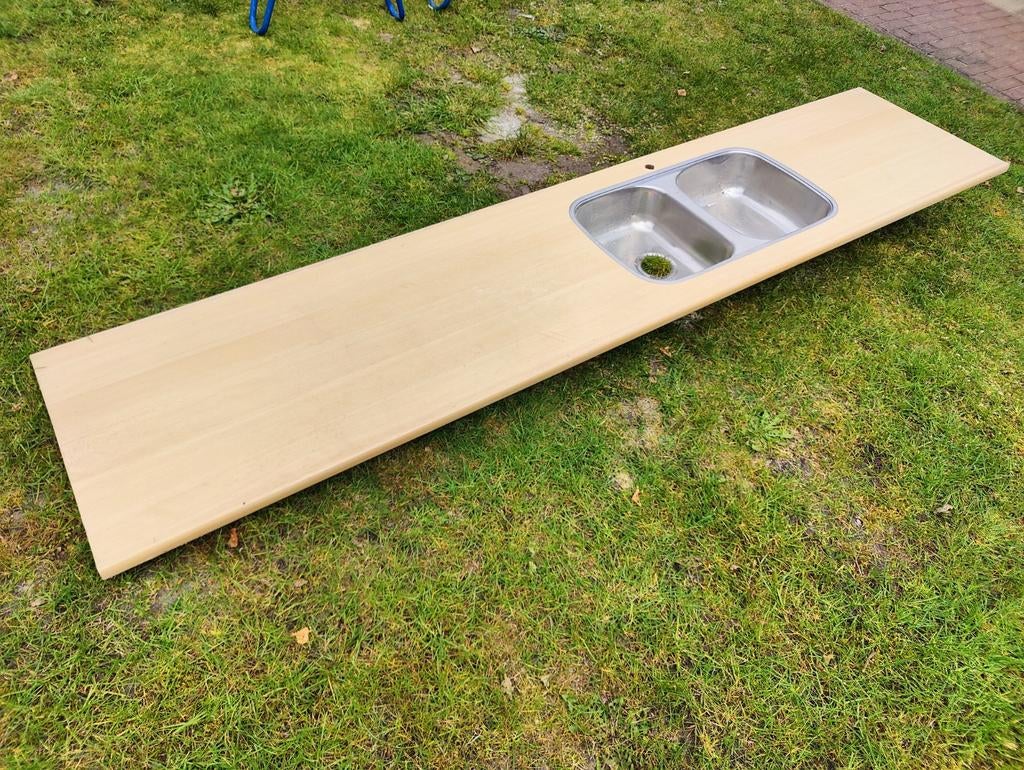 Gefineerd multiplex keukenblad met dubbele spoelbak, Ophalen, Graniet of Steen, Enkelwandige keuken