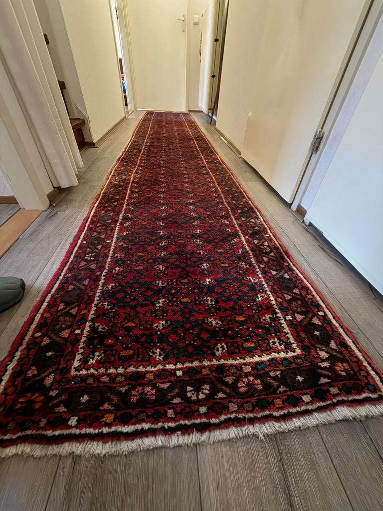 Handgeweven loper met certificaat, Gebruikt, 200 cm of meer, Rechthoekig, Rood