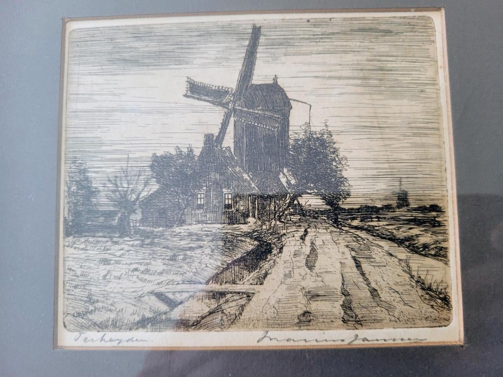 Mooie ingelijste ets van Marinus Janssen - gesigneerd, Antiek en Kunst, Ets, Landschap, 1900 - 1949, Ingelijst