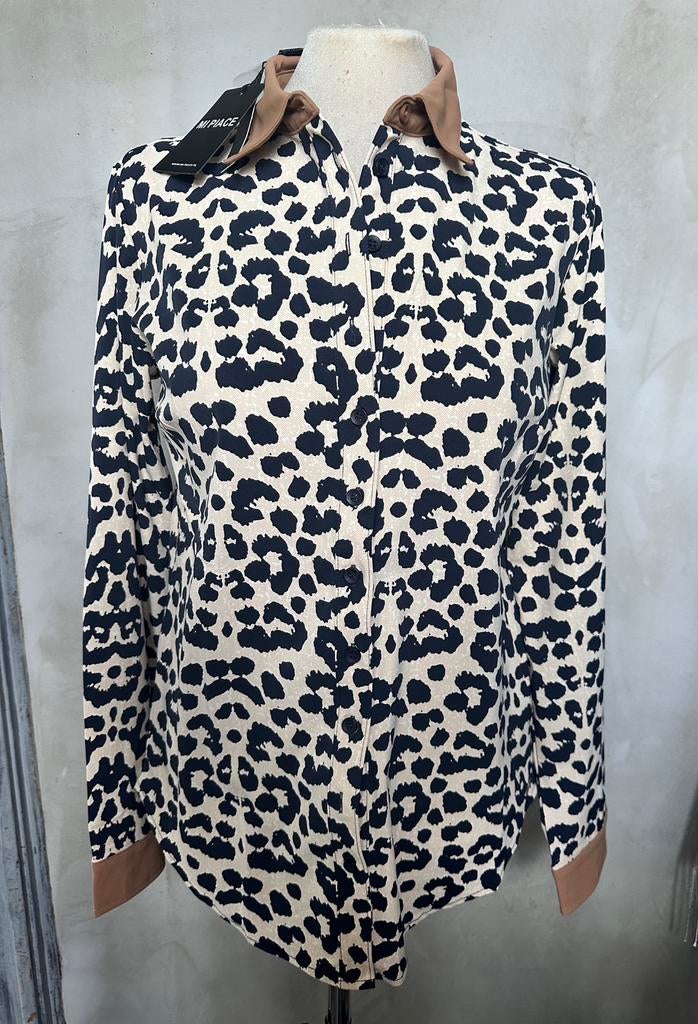 Mi Piace travelstof Leopard blouse dark blue / mocca, Kleding | Dames, Blouses en Tunieken, Ophalen of Verzenden, Zo goed als nieuw