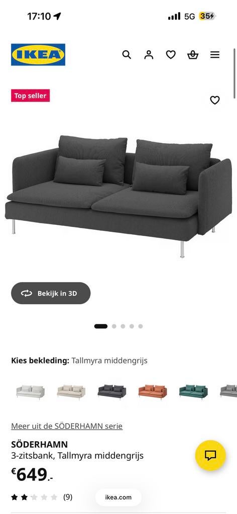IKEA Söderhamn 3-zits bank, Ophalen, 150 tot 200 cm, Driepersoons, 75 tot 100 cm