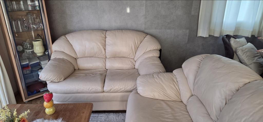 Lederen Crème wit bankstel (2 en 3 zits), Huis en Inrichting, Banken | Bankstellen, Ophalen, Gebruikt, Overige maten, 150 tot 200 cm