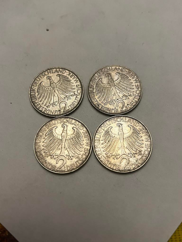 4x 2 Duitse Mark Max Planck munten, Postzegels en Munten, Munten | Europa | Niet-Euromunten, Ophalen, Duitsland, Setje, Zilver