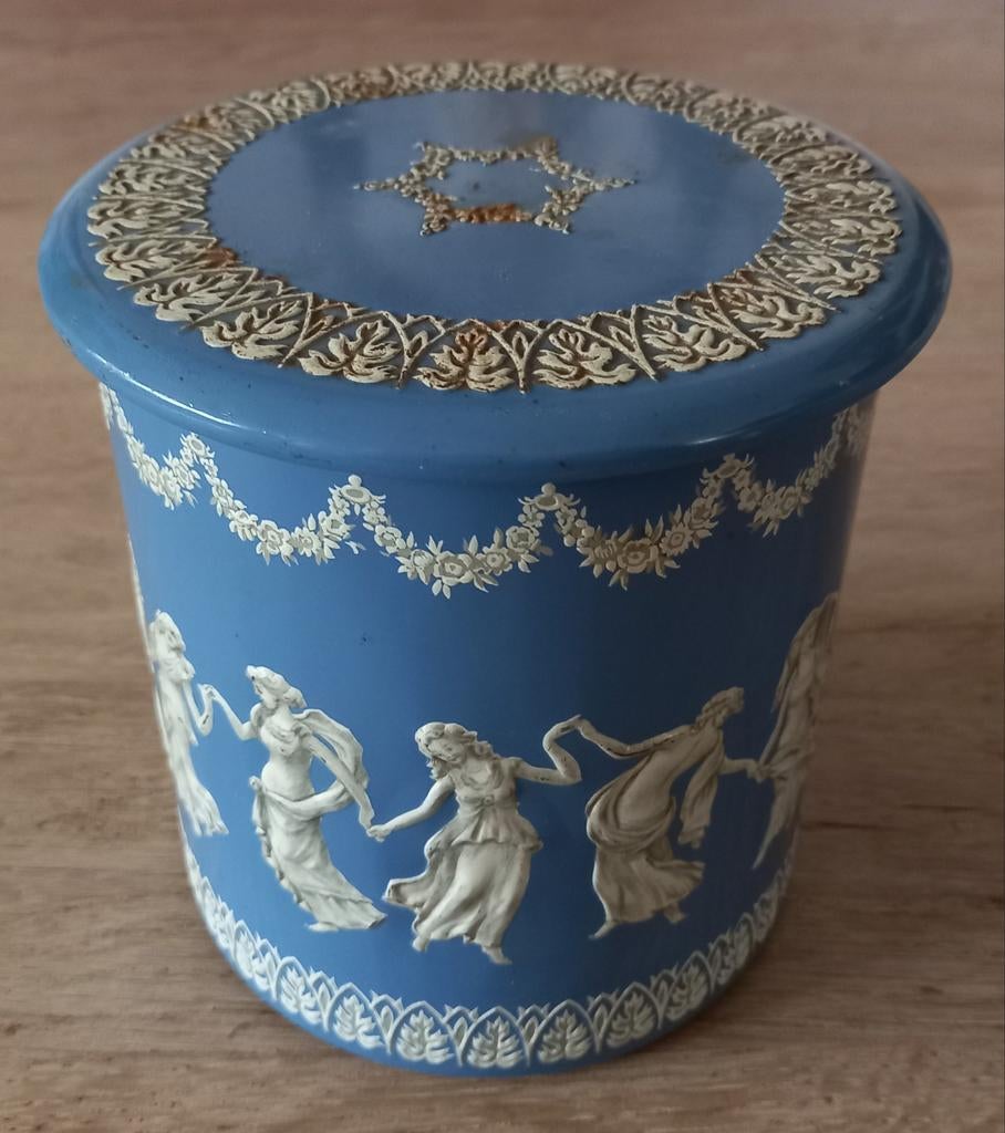 Groot blauw vintage brocante blik dansende engelen vrouwen, Verzamelen, Blikken, Ophalen of Verzenden, Gebruikt, Overige