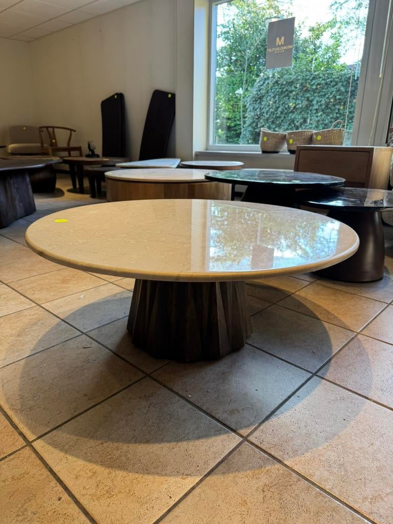 Salontafel travertin met houten mango poot 90x90x38 cm, Ophalen, Japandi, Rond, Nieuw