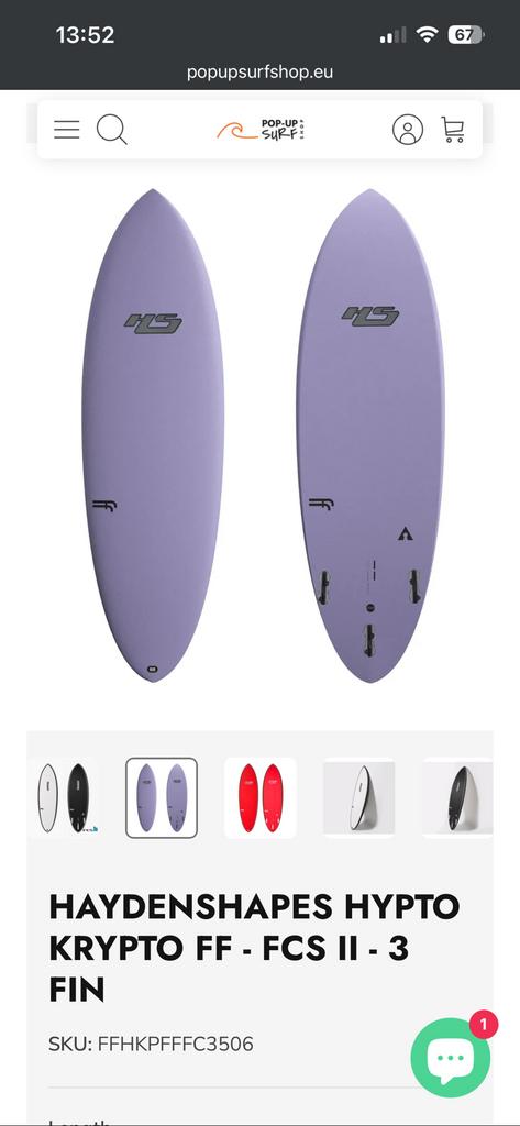 Surfboard haydenshapes hypto crypto FF 5’9 Violet, Watersport en Boten, Ophalen, Nieuw, Overige typen