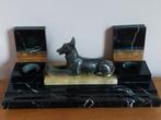Art Deco inktstel hond van zamak op marmer schrijfgarnituur, Antiek en Kunst, Ophalen of Verzenden