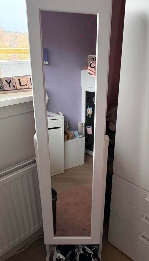 Witte spiegel sieradenkast met opbergruimte, Huis en Inrichting, Woonaccessoires | Spiegels, Ophalen, Minder dan 50 cm, Gebruikt