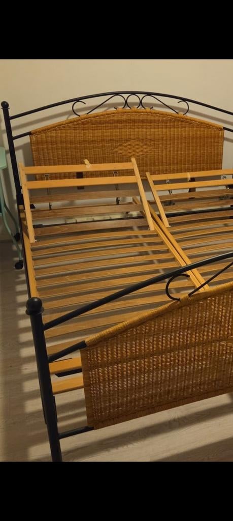 Tweepersoonsbed 160x200 smeedijzer rotan - incl. lattenbodem, Ophalen, Tweepersoons, Metaal, 160 cm
