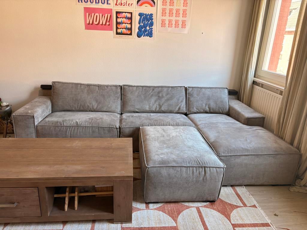 Moderne Grijze Hoekbank (3M Breed) incl. Hocker, Ophalen, Gebruikt, Stof