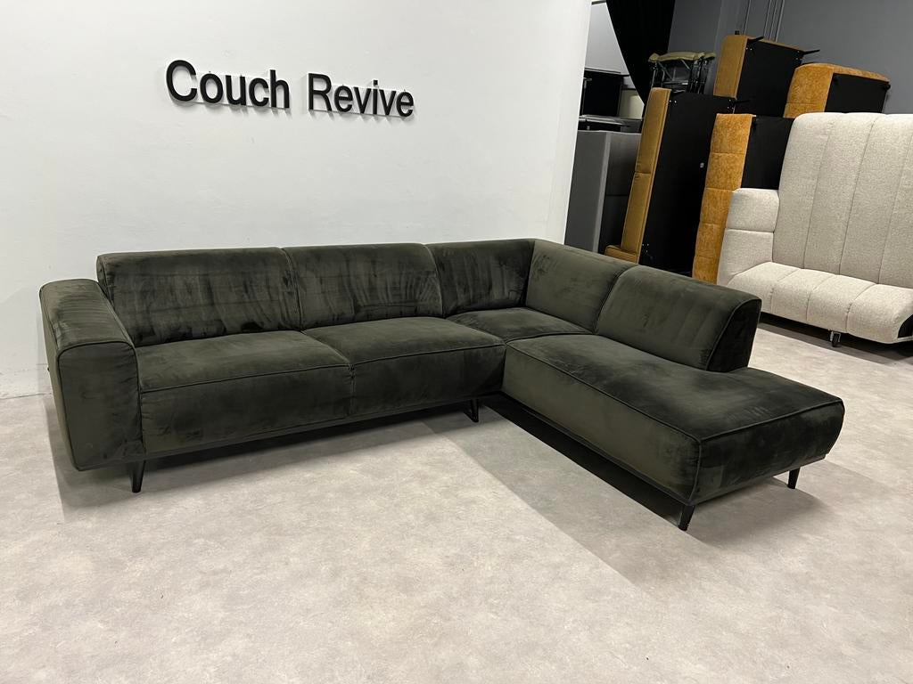GRATIS LEVERING velvet groene Hoekbank 275x210 REFURBISHED, Huis en Inrichting, Banken | Bankstellen, Verzenden, Zo goed als nieuw