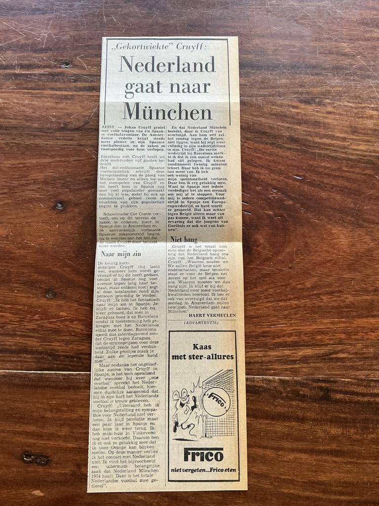 Voetbal krantenartikel Cruijff Nederland gaatMünchen WK 1974, Verzamelen, Tijdschriften, Kranten en Knipsels, Knipsel(s), Ophalen of Verzenden