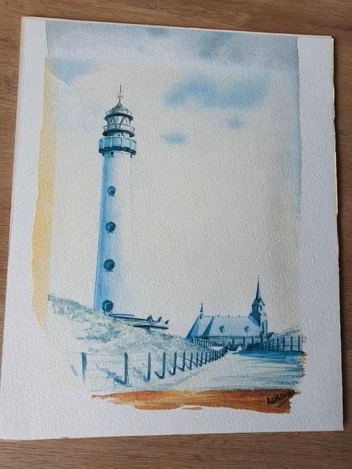 Orig aquarel Ad. M. Oudes Egmond aan Zee vuurtoren, Antiek en Kunst, Kunst | Schilderijen | Klassiek, Ophalen