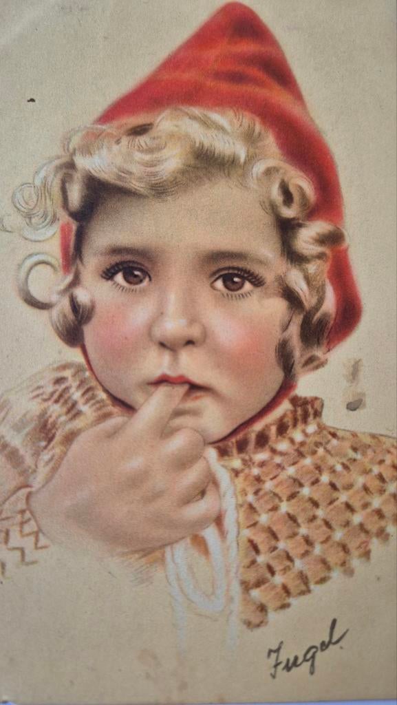 Oude ansichtkaart meisje met rode puntmuts 1944 Fugel, Ophalen of Verzenden, 1940 tot 1960, Kinderen