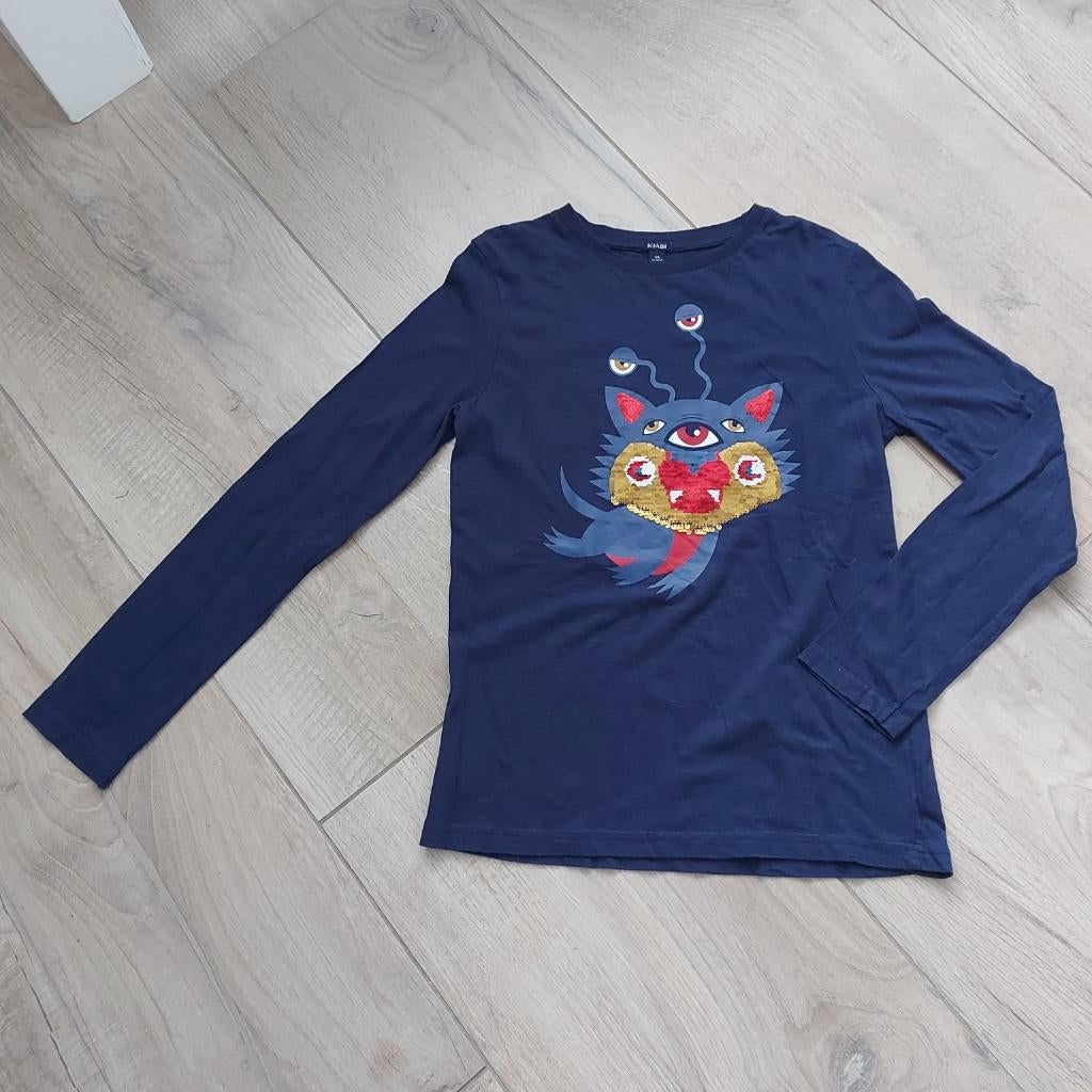 Kiabi long sleeve - blauw met opdruk - maat 12A / 146, Ophalen of Verzenden, Zo goed als nieuw, Jongen, Shirt of Longsleeve