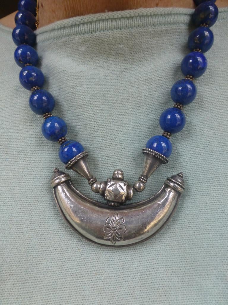 Etnisch Antiek Collier 925 Zilver Lapis Lazuli, Verzenden, Zilver, Ketting, Met edelsteen
