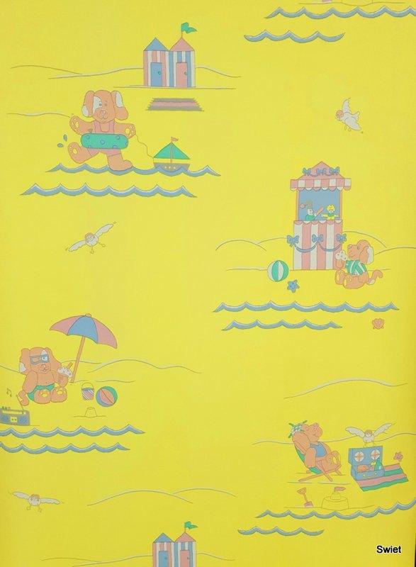 12824 Strandberen behang op geel voor kinderkamer swiet, Verzenden, 50 tot 75 m², Roze