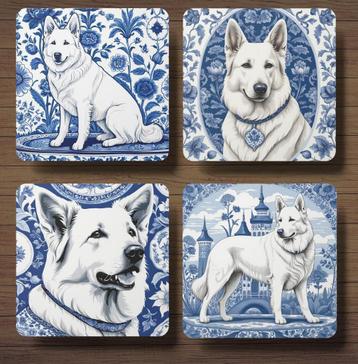 Zwitserse Witte Herder Delfts Blauwe onderzetters met houder beschikbaar voor biedingen