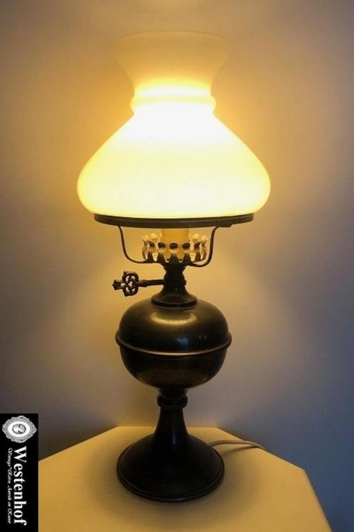 Brocante tafellamp / elektrische olielamp antiek kap glas, Huis en Inrichting, Lampen | Tafellampen, Minder dan 50 cm, Glas, Metaal