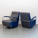 2x Leolux Scylla - Hoge Rug blauw/wit gestreepte stof, Huis en Inrichting, Fauteuils, Ophalen of Verzenden, Zo goed als nieuw