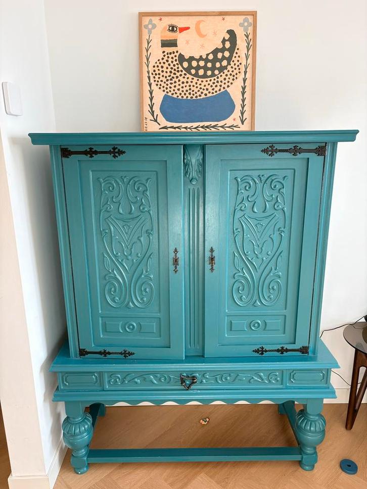 Oude houten kast, turquoise, turkoois, Antiek en Kunst, Antiek | Meubels | Kasten, Ophalen