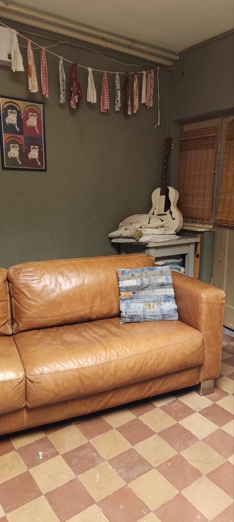Cognac bankstel (echt leer), Huis en Inrichting, Banken | Bankstellen, Gebruikt, Leer, Ophalen