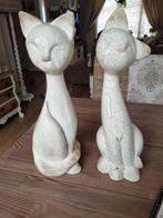 2 Mooie Grote Antiek Vintage Katten Beelden Hout White Wash, Ophalen of Verzenden