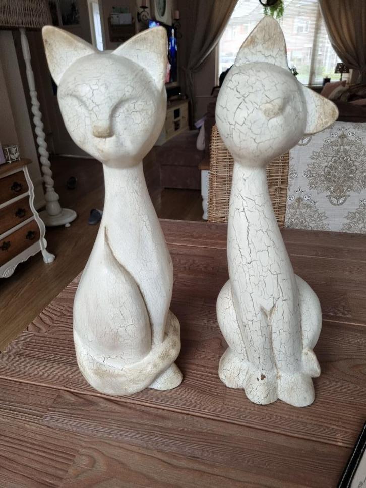 2 Mooie Grote Antiek Vintage Katten Beelden Hout White Wash, Antiek en Kunst, Kunst | Beelden en Houtsnijwerken, Ophalen of Verzenden