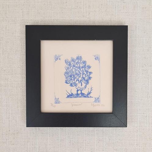 Print ets Delfts Blauwe Tegel, Pauw. Zwarte lijst 10x10 cm, Antiek en Kunst, Kunst | Etsen en Gravures, Ophalen of Verzenden