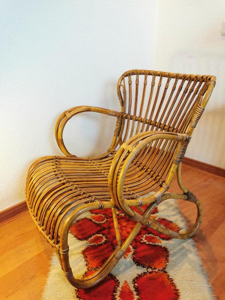 Vintage Jaren 60 Rohe Rotan Relax Fauteuil Midcentury stoel, Huis en Inrichting, Fauteuils, Zo goed als nieuw, Riet of Rotan, Minder dan 50 cm