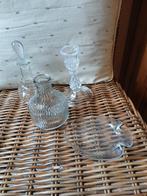 Glazen kandelaar, vis schaaltje, vaasje en flesje, Antiek en Kunst, Antiek | Glas en Kristal, Ophalen of Verzenden