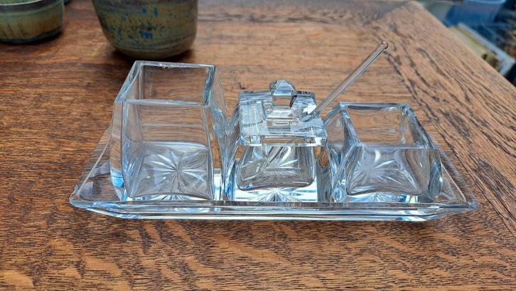 Peper- en zoutstel en mosterdpotje, glas/kristal, Antiek en Kunst, Antiek | Glas en Kristal, Ophalen of Verzenden