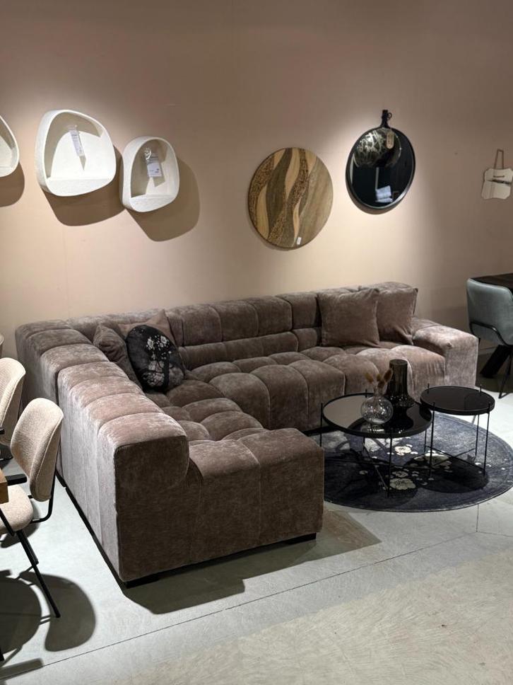 Blok hoekbank met vlakken in japandi bruine stof, Huis en Inrichting, Banken | Complete zithoeken, Gebruikt, Stof, Ophalen