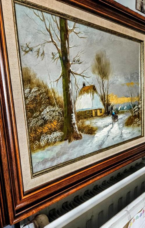 Winterschilderij op paneel, notenhouten lijst, Antiek en Kunst, Kunst | Schilderijen | Klassiek, Ophalen