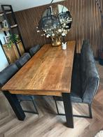 Eethoek 6 persoons mangohout met 3 stoelen en bank, Ophalen, 100 tot 150 cm, 200 cm of meer, Zo goed als nieuw