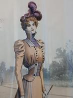 Grote antieke ingelijste mode gravure uit Frankrijk 57 cm., Antiek en Kunst, Kunst | Etsen en Gravures, Ophalen of Verzenden