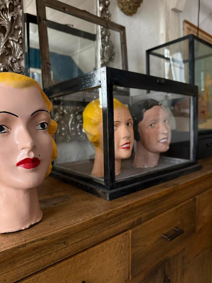 Oude Gipsen Paspop Hoofden met/zonder Vitrinekastje Curiosa, Antiek en Kunst, Curiosa en Brocante, Ophalen