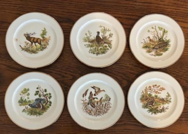 6 bordjes met jachtthema van Crown Staffordshire, Huis en Inrichting, Keuken | Servies, Zo goed als nieuw, Bord(en), Overige stijlen