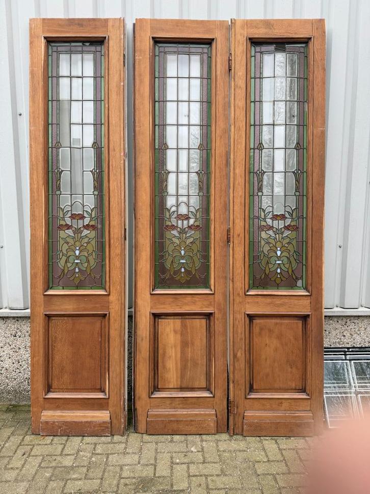 Unieke vondst eiken deuren met glas in messing, Doe-het-zelf en Verbouw, Deuren en Horren, Gebruikt, Binnendeur, 215 cm of meer
