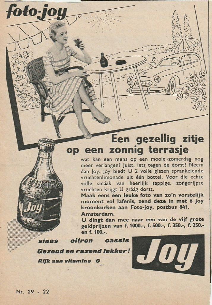 Retro reclame 1957 Joy frisdrank zonnig terrasje, Verzamelen, Retro, Overige typen, Verzenden