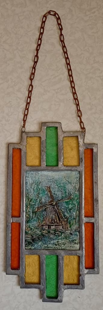 Antiek glas in lood raam hanger met molentje, Huis en Inrichting, Woonaccessoires | Overige, Gebruikt, Ophalen of Verzenden