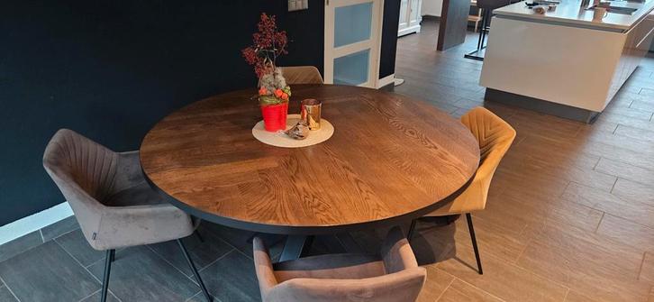 Ronde Notenhouten Tafel Visgraat (150cm) + evt 6 Stoelen, Huis en Inrichting, Tafels | Eettafels, Gebruikt, 100 tot 150 cm, 100 tot 150 cm