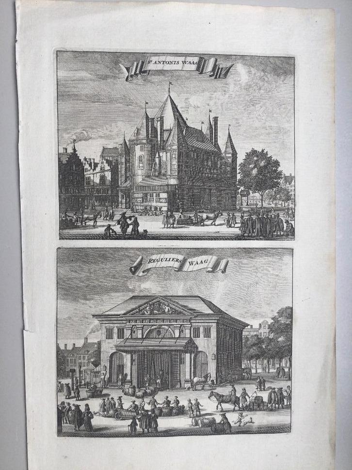 Amsterdam, Rembandtplein en Boterwaag, 1750, Antiek en Kunst, Kunst | Etsen en Gravures, Verzenden
