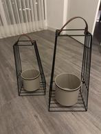 2 Bloempot standaards Intratuin - Zwart metaal & Beige pot, Tuin en Terras, Bloempotten, Ophalen, Rond, Binnen, Zo goed als nieuw