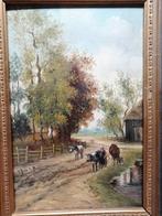 Olieverf op eiken paneel naar S. Bakhuizen, boerin koeien, Ophalen of Verzenden