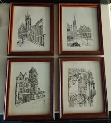 4 x schilderijen of foto's de oude kerk te Delft in lijsten beschikbaar voor biedingen