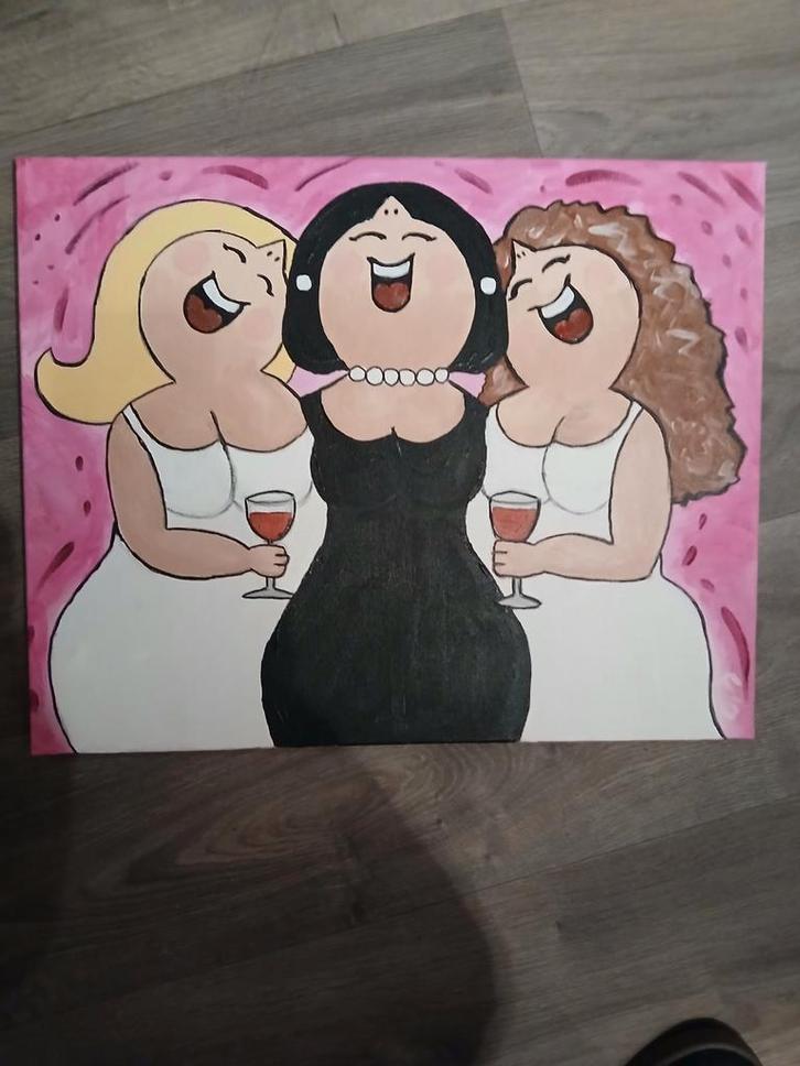 Vrolijke dames met wijn canvas schilderij, Antiek en Kunst, Kunst | Schilderijen | Klassiek, Ophalen of Verzenden