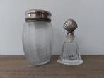 Parfumfles en poederpot met verzilverde dop, Ophalen of Verzenden
